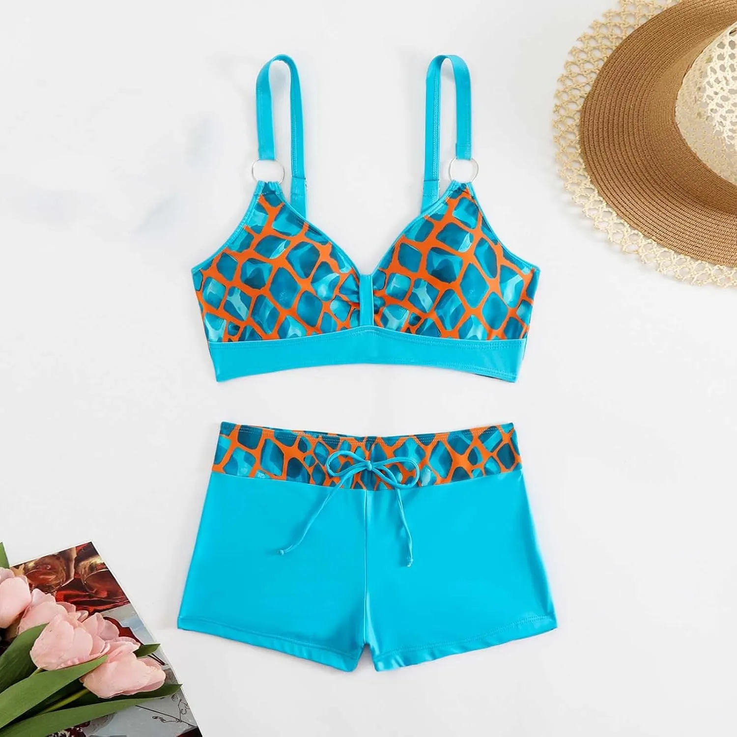 Women's Bathing Suits Sexy Coconut Tropics Palm Print Backless High Waist Two-Piece Tummy Control Bikini Swimsuit