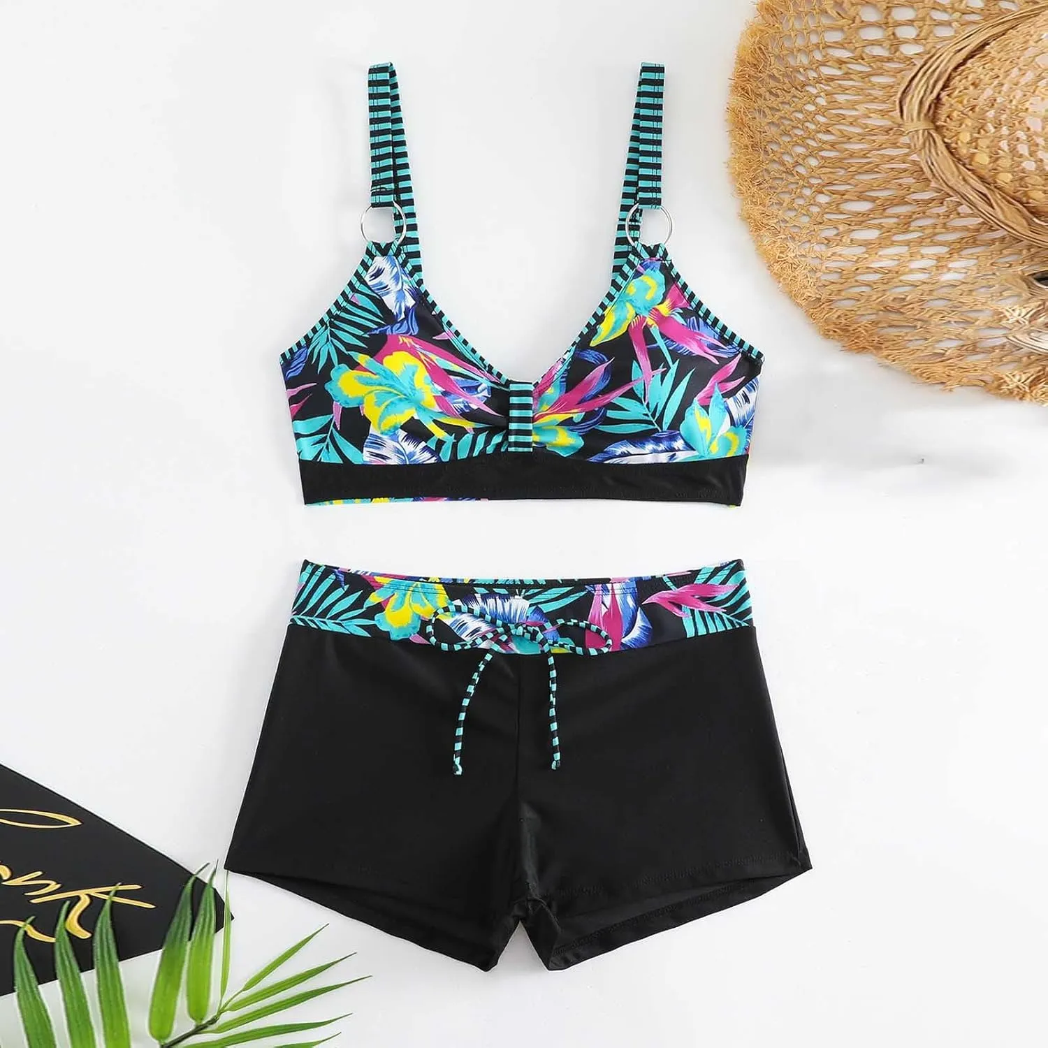 Women's Bathing Suits Sexy Coconut Tropics Palm Print Backless High Waist Two-Piece Tummy Control Bikini Swimsuit