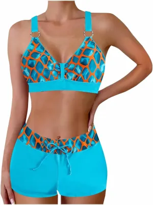 Women's Bathing Suits Sexy Coconut Tropics Palm Print Backless High Waist Two-Piece Tummy Control Bikini Swimsuit