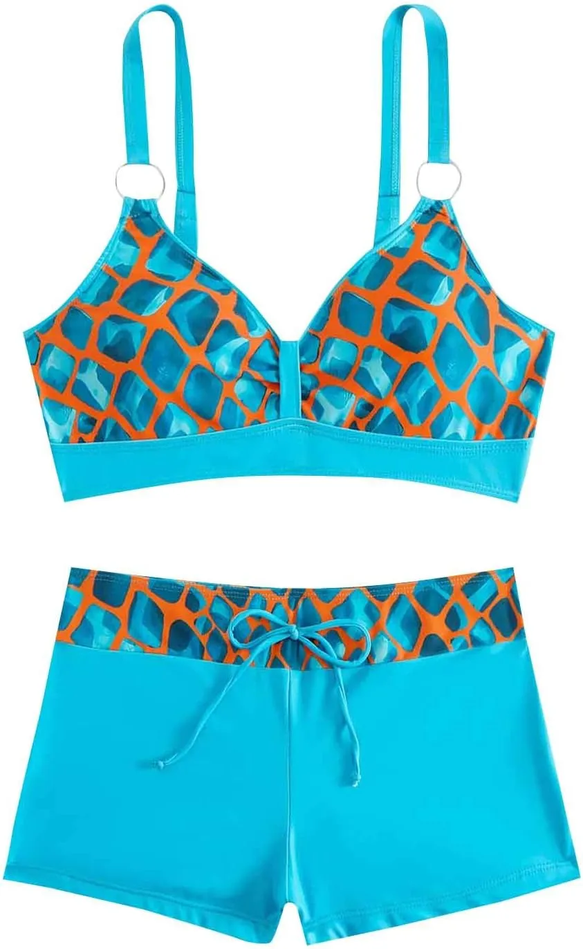 Women's Bathing Suits Sexy Coconut Tropics Palm Print Backless High Waist Two-Piece Tummy Control Bikini Swimsuit