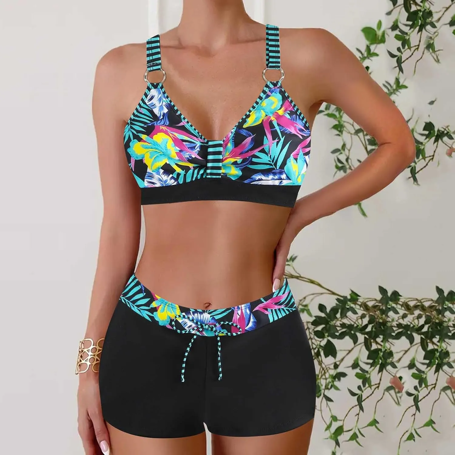Women's Bathing Suits Sexy Coconut Tropics Palm Print Backless High Waist Two-Piece Tummy Control Bikini Swimsuit