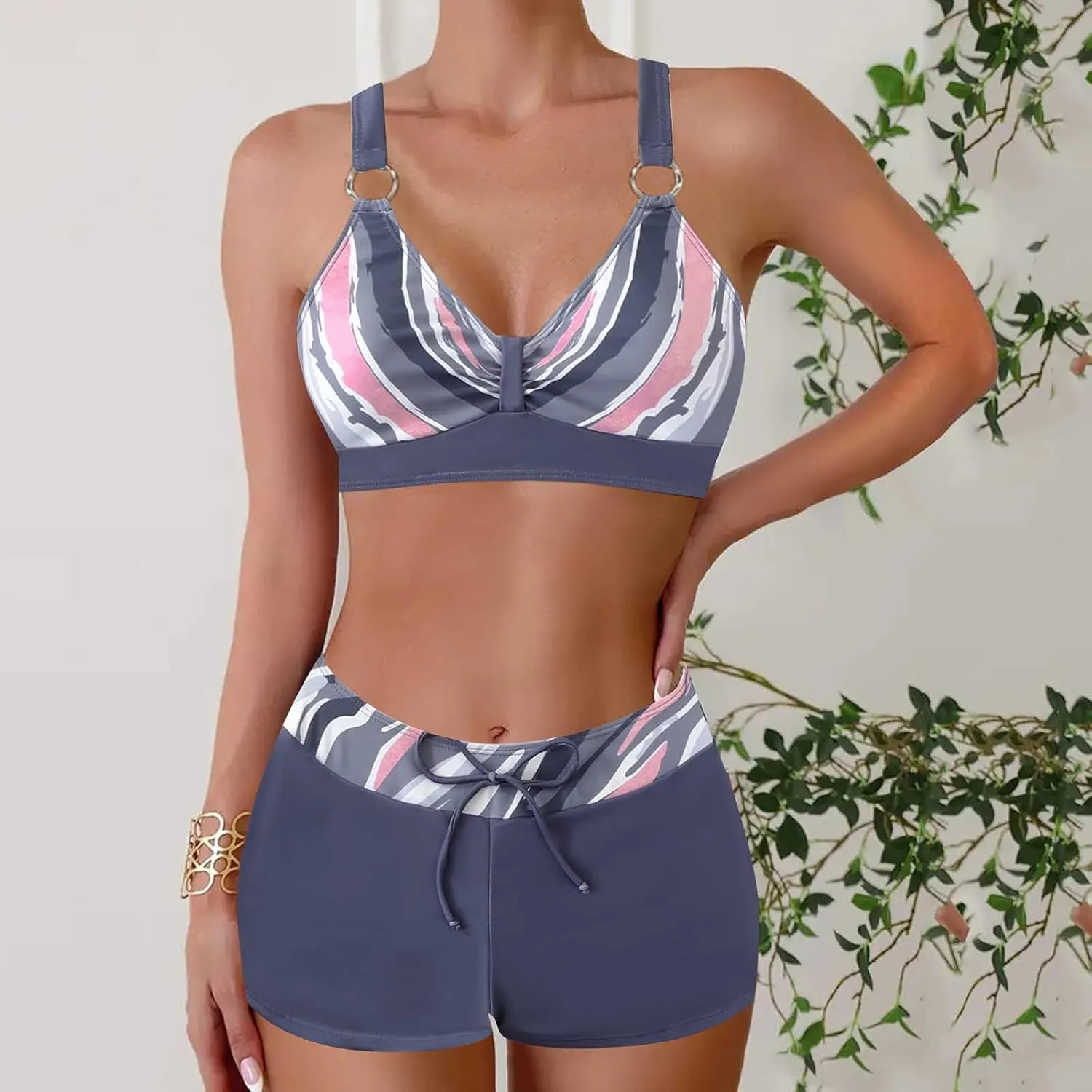 Women's Bathing Suits Sexy Coconut Tropics Palm Print Backless High Waist Two-Piece Tummy Control Bikini Swimsuit