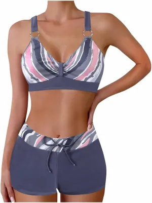 Women's Bathing Suits Sexy Coconut Tropics Palm Print Backless High Waist Two-Piece Tummy Control Bikini Swimsuit
