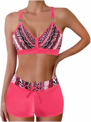 Women's Bathing Suits Sexy Coconut Tropics Palm Print Backless High Waist Two-Piece Tummy Control Bikini Swimsuit