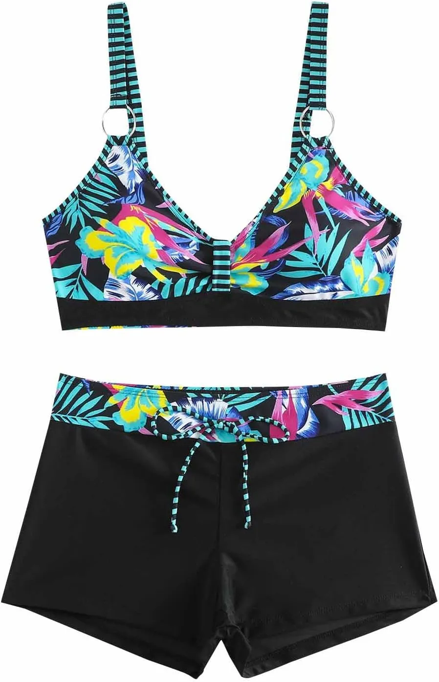 Women's Bathing Suits Sexy Coconut Tropics Palm Print Backless High Waist Two-Piece Tummy Control Bikini Swimsuit
