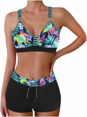 Women's Bathing Suits Sexy Coconut Tropics Palm Print Backless High Waist Two-Piece Tummy Control Bikini Swimsuit