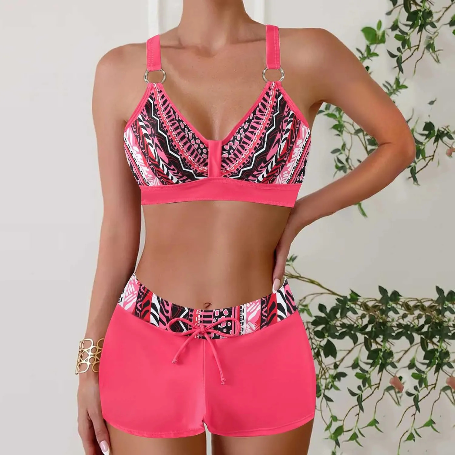 Women's Bathing Suits Sexy Coconut Tropics Palm Print Backless High Waist Two-Piece Tummy Control Bikini Swimsuit