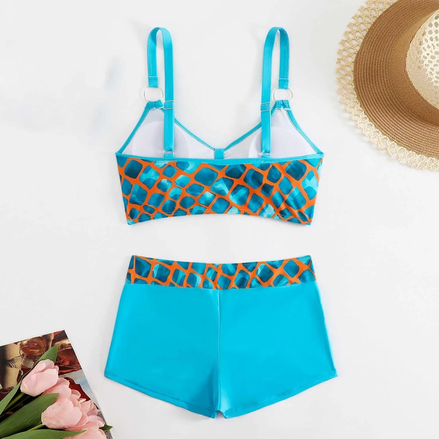 Women's Bathing Suits Sexy Coconut Tropics Palm Print Backless High Waist Two-Piece Tummy Control Bikini Swimsuit