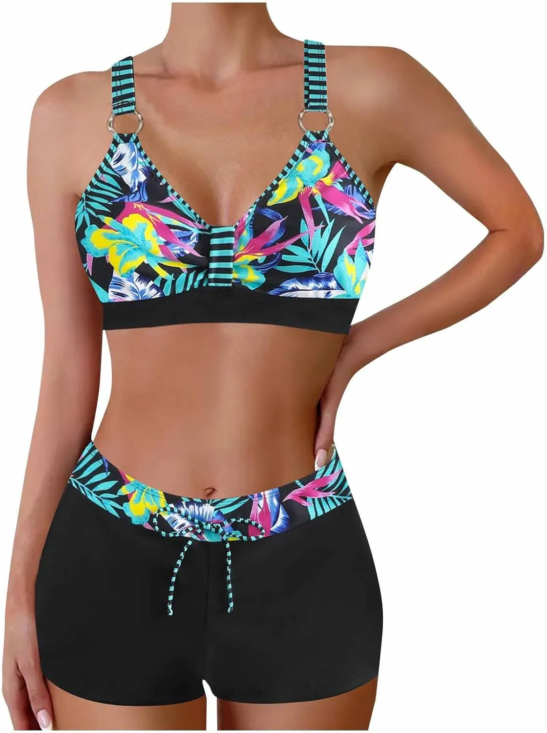 Women's Bathing Suits Sexy Coconut Tropics Palm Print Backless High Waist Two-Piece Tummy Control Bikini Swimsuit
