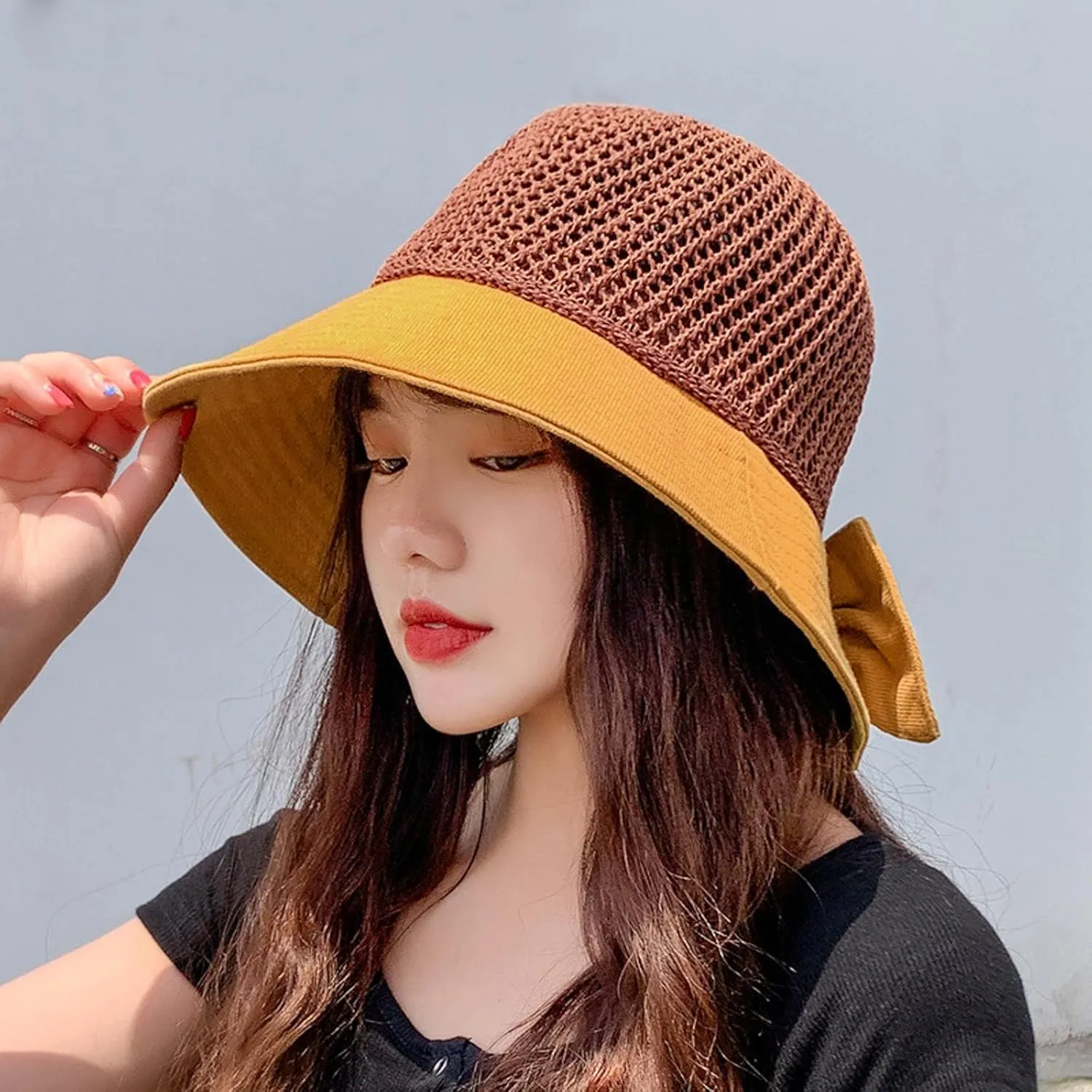 Women's Big Brim Sun Hat Floppy Foldable Bowknot Straw Hat Summer Beach Holiday Sun Cap