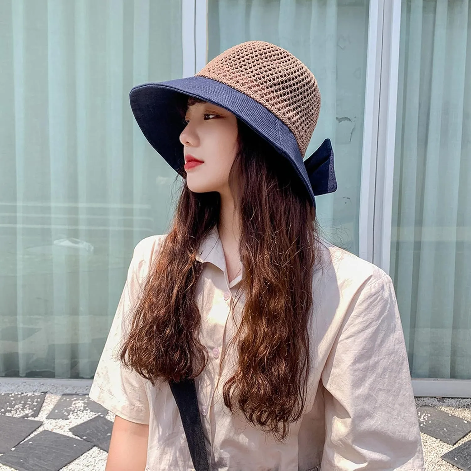 Women's Big Brim Sun Hat Floppy Foldable Bowknot Straw Hat Summer Beach Holiday Sun Cap