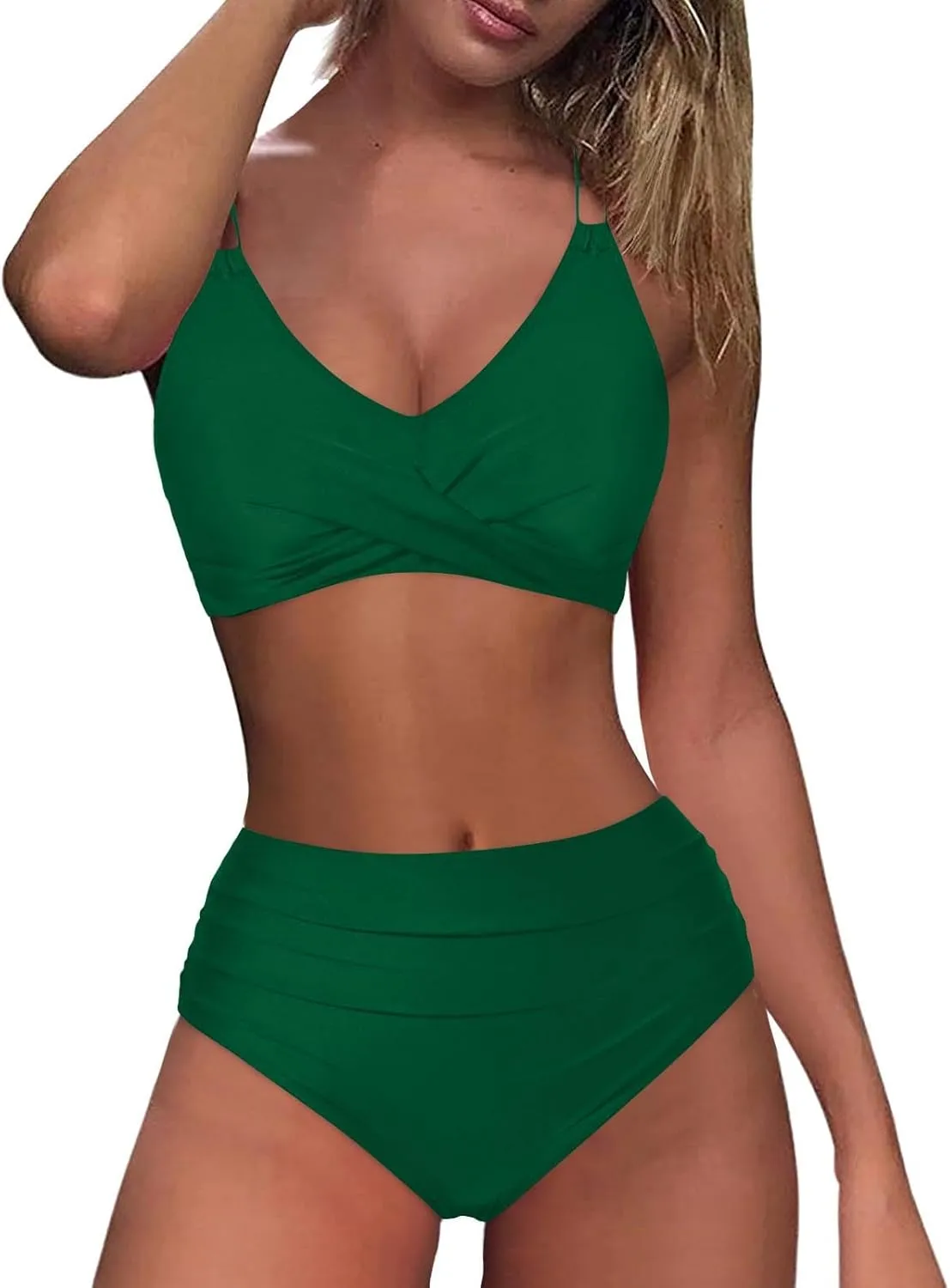 Womens Bikini Swimsuits Two Piece High Waist Bathing Suits Double Shoulder Straps Front Cross Sexy Swimwear