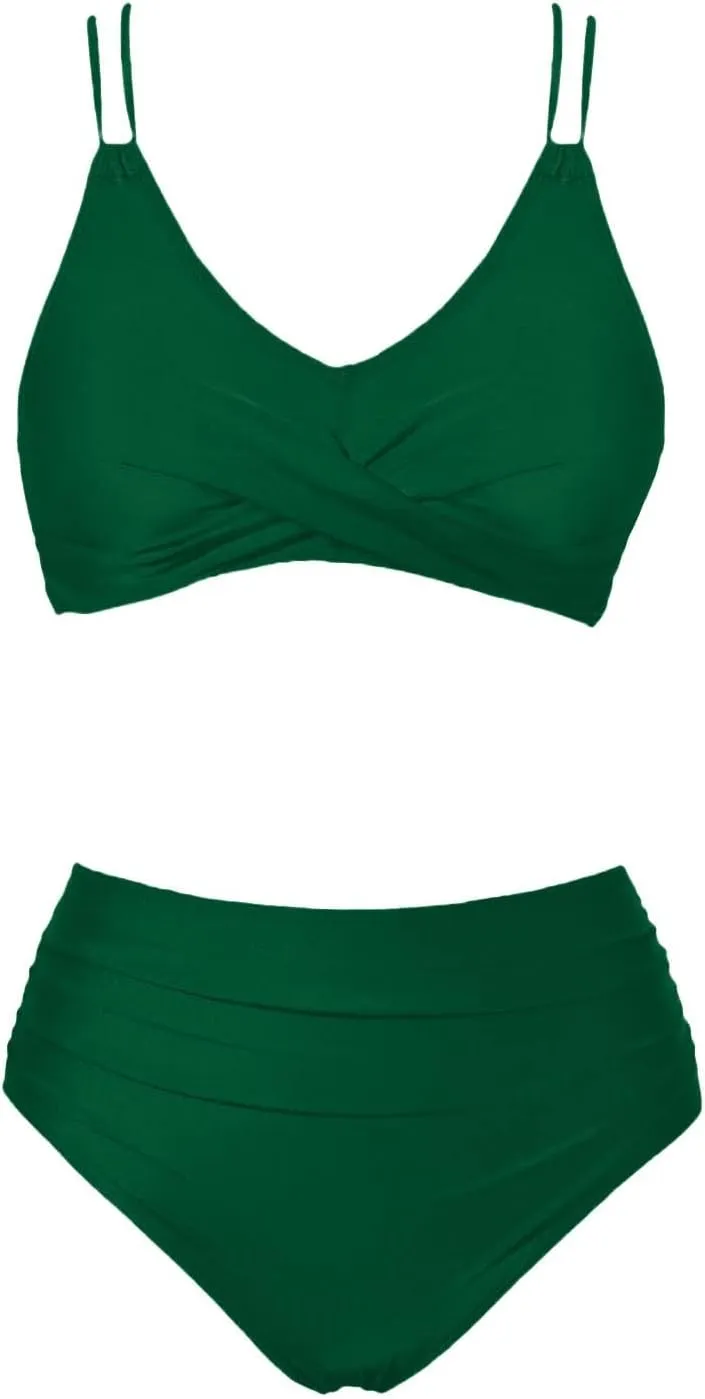 Womens Bikini Swimsuits Two Piece High Waist Bathing Suits Double Shoulder Straps Front Cross Sexy Swimwear