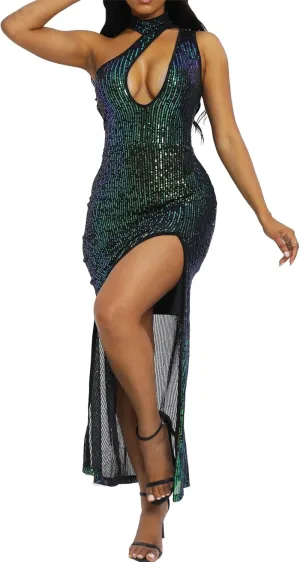Womens Bodycon Sleeveless Dress Solid High Slit Sequins Maxi Party Dress