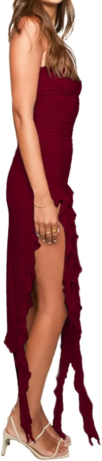 Womens Bodycon Tube Dress Sexy Strapless Y2K Ruffle Trim Irregular Floral Tassel Split Ruched Club Night Party Midi Dress