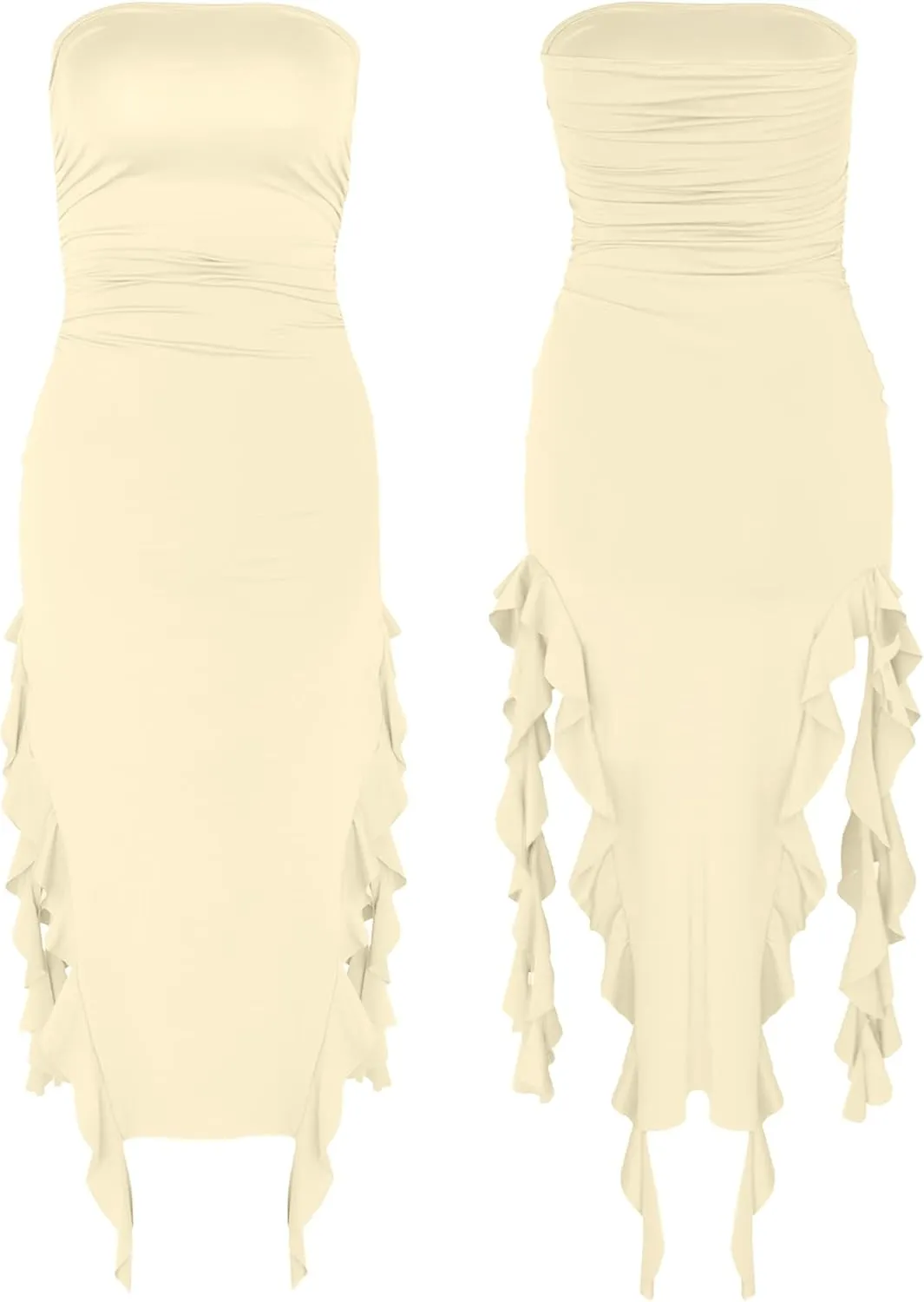 Womens Bodycon Tube Dress Sexy Strapless Y2K Ruffle Trim Irregular Floral Tassel Split Ruched Club Night Party Midi Dress