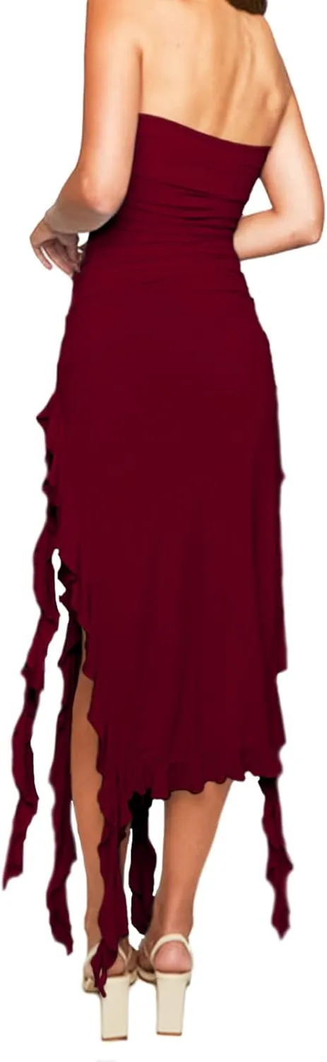 Womens Bodycon Tube Dress Sexy Strapless Y2K Ruffle Trim Irregular Floral Tassel Split Ruched Club Night Party Midi Dress