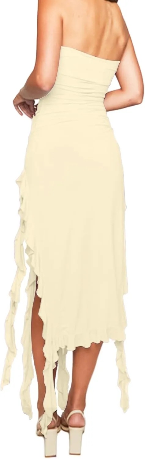 Womens Bodycon Tube Dress Sexy Strapless Y2K Ruffle Trim Irregular Floral Tassel Split Ruched Club Night Party Midi Dress