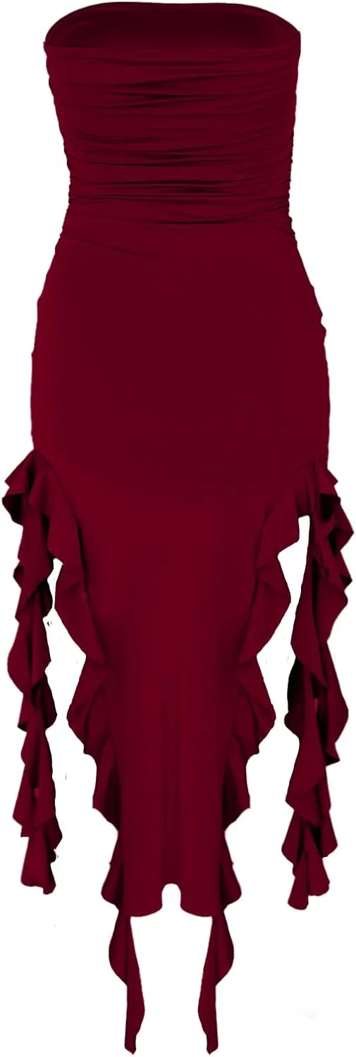 Womens Bodycon Tube Dress Sexy Strapless Y2K Ruffle Trim Irregular Floral Tassel Split Ruched Club Night Party Midi Dress