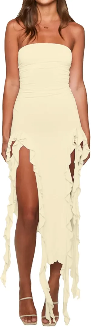 Womens Bodycon Tube Dress Sexy Strapless Y2K Ruffle Trim Irregular Floral Tassel Split Ruched Club Night Party Midi Dress