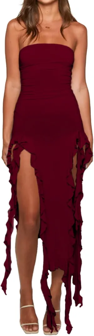 Womens Bodycon Tube Dress Sexy Strapless Y2K Ruffle Trim Irregular Floral Tassel Split Ruched Club Night Party Midi Dress