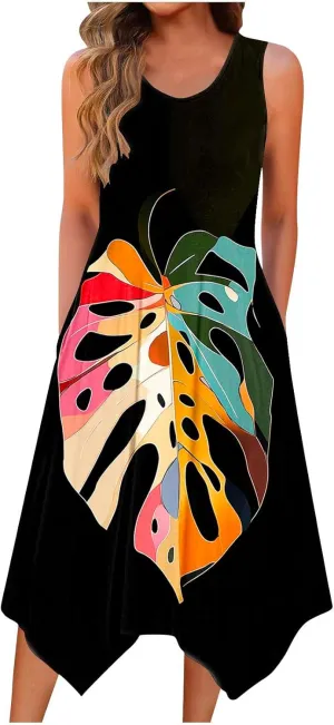 Womens Casual Dress for Summer Tank Dress Loose Flowy Beach Dress with Pockets Hankerchief Flare Midi Sundress