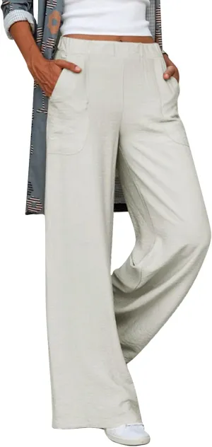 Womens Casual Solid High Waisted Trousers with Pockets Loose Wide Leg Cozy Pants Baggy Comfy Straight Leg Pants