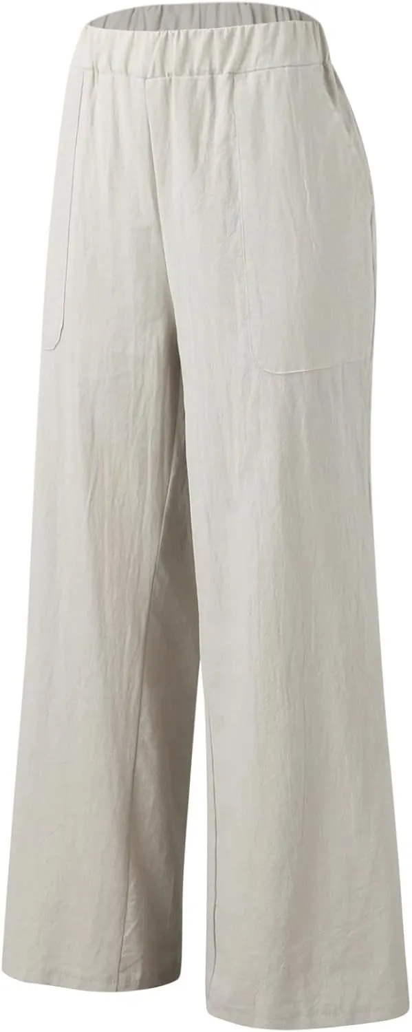 Womens Casual Solid High Waisted Trousers with Pockets Loose Wide Leg Cozy Pants Baggy Comfy Straight Leg Pants