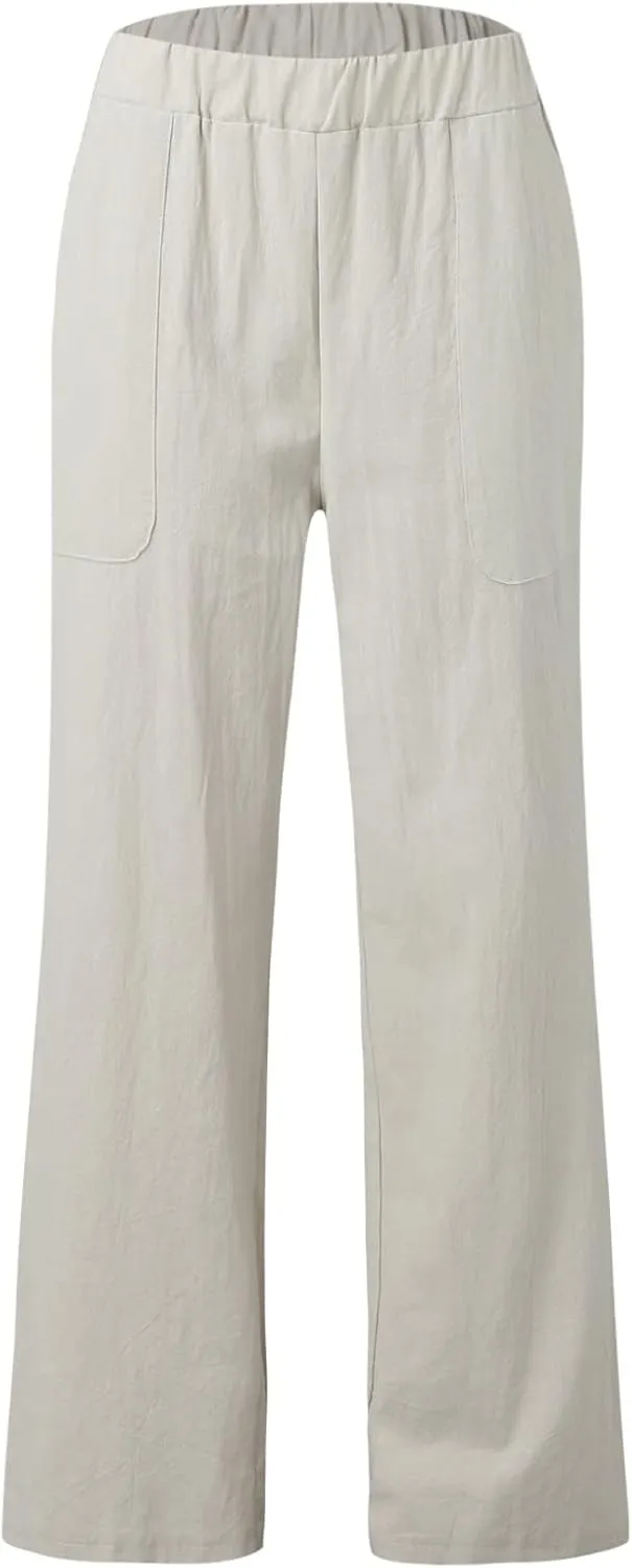 Womens Casual Solid High Waisted Trousers with Pockets Loose Wide Leg Cozy Pants Baggy Comfy Straight Leg Pants