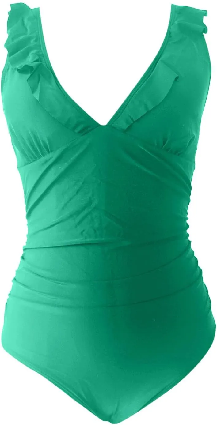Women's Cute Ruffle One Piece Swimsuits Tummy Control Bathing Suit Sexy V Neck Backless Swimwear Slimming Monokini