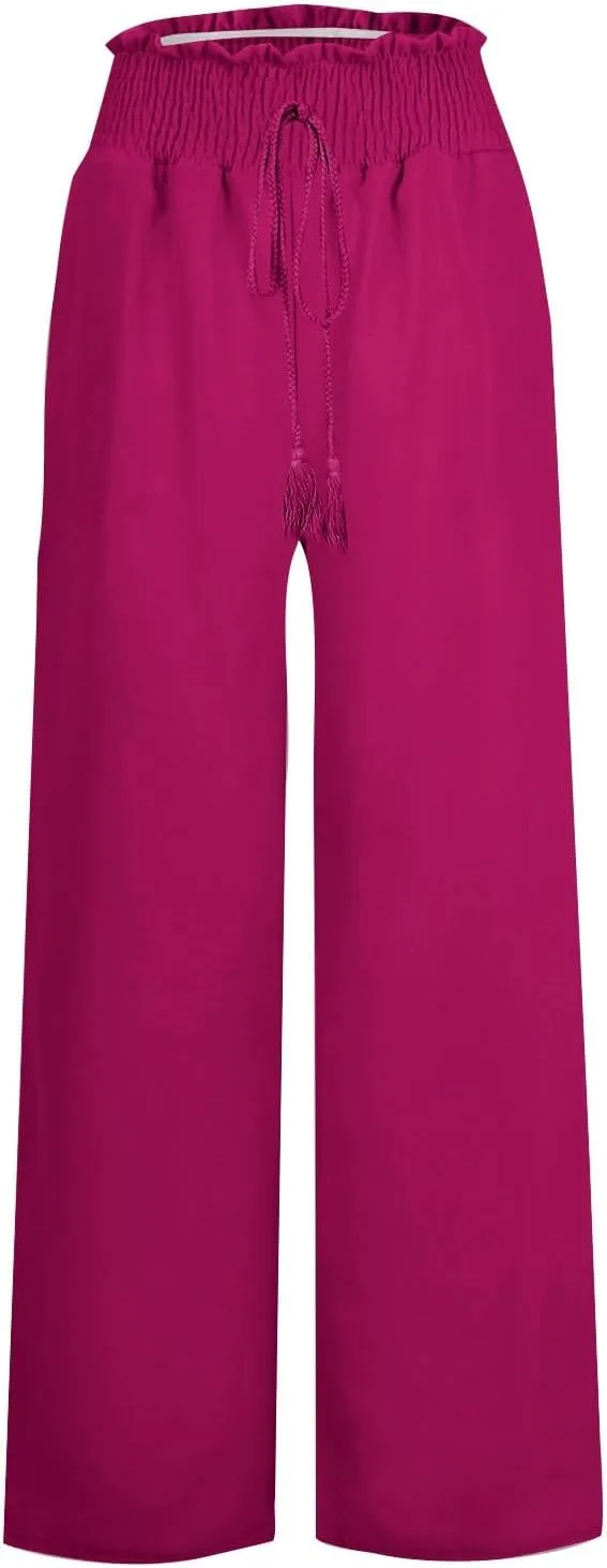 Women's Drawstring Linen Palazzo Pants Summer High Waist Wide Leg Beach Trousers Trendy Lounge Pant with Pockets