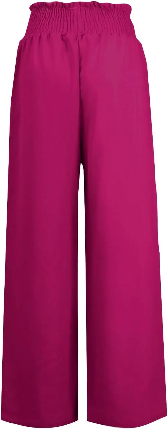 Women's Drawstring Linen Palazzo Pants Summer High Waist Wide Leg Beach Trousers Trendy Lounge Pant with Pockets