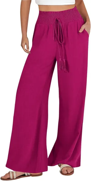 Women's Drawstring Linen Palazzo Pants Summer High Waist Wide Leg Beach Trousers Trendy Lounge Pant with Pockets