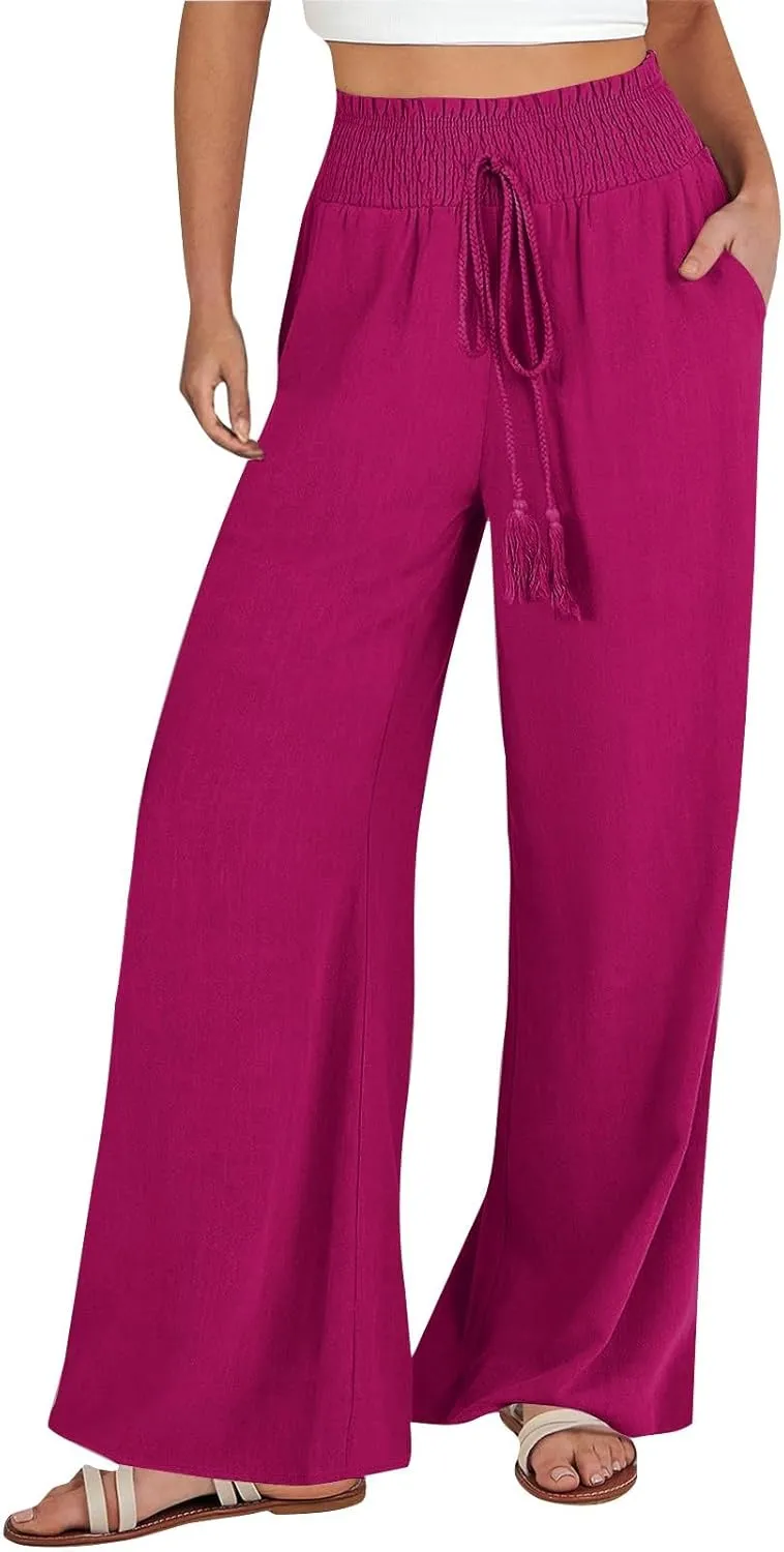 Women's Drawstring Linen Palazzo Pants Summer High Waist Wide Leg Beach Trousers Trendy Lounge Pant with Pockets