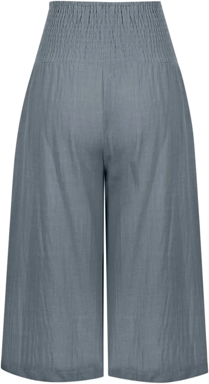 Women's Fashion Cotton Linen Capri Pants Summer Thin Bottoming Cropped Palazzo Pant Casual Loose Wide-Leg Trouser