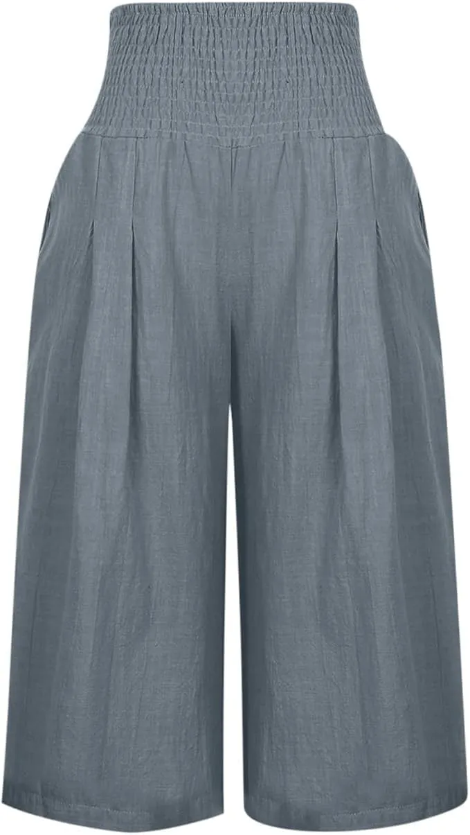 Women's Fashion Cotton Linen Capri Pants Summer Thin Bottoming Cropped Palazzo Pant Casual Loose Wide-Leg Trouser