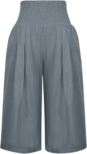 Women's Fashion Cotton Linen Capri Pants Summer Thin Bottoming Cropped Palazzo Pant Casual Loose Wide-Leg Trouser