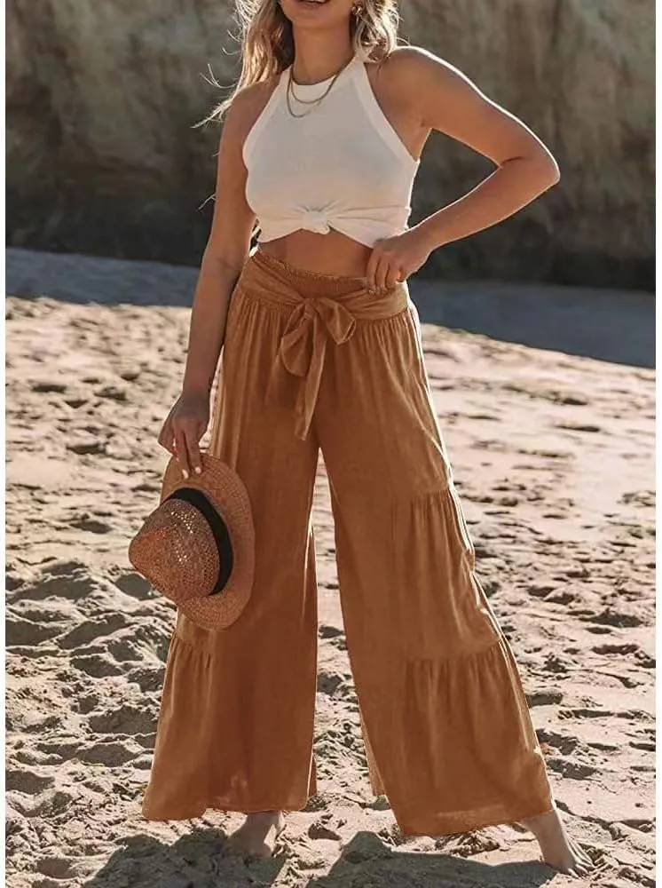Womens Fashion High Waist Pleated Wide-Leg Pants Casual Loose Flare Palazzo Pant Beach Bell Bottom Lounge Trouser