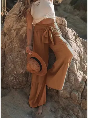 Womens Fashion High Waist Pleated Wide-Leg Pants Casual Loose Flare Palazzo Pant Beach Bell Bottom Lounge Trouser