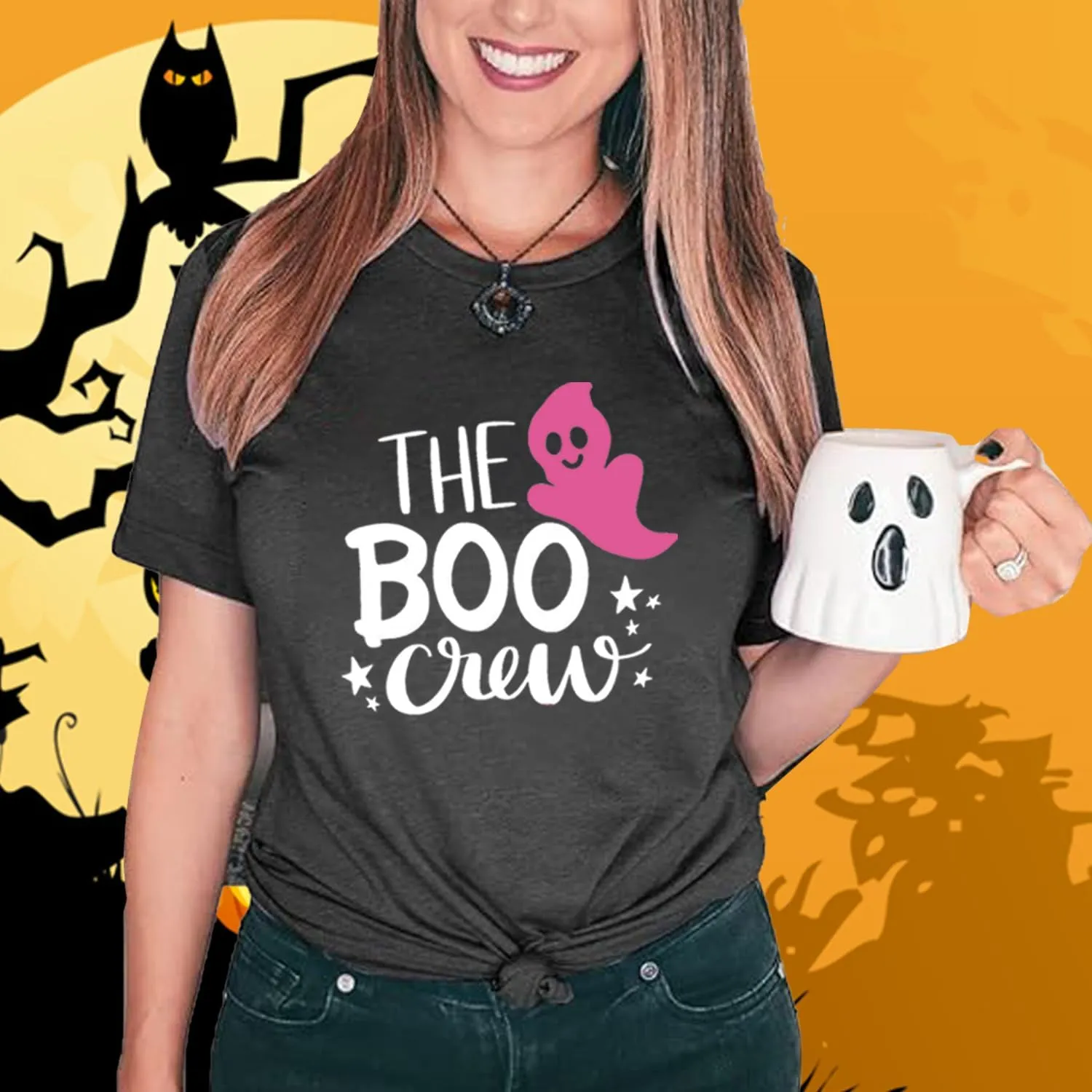 Womens Halloween Shirts Vintage Graphic Tees Funny Ghost Printed Cute Tops Casual Loose Fit Shirts Skull Teen Girl Clothes