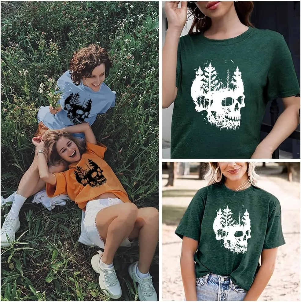 Womens Halloween Shirts Vintage Graphic Tees Funny Ghost Printed Cute Tops Casual Loose Fit Shirts Skull Teen Girl Clothes