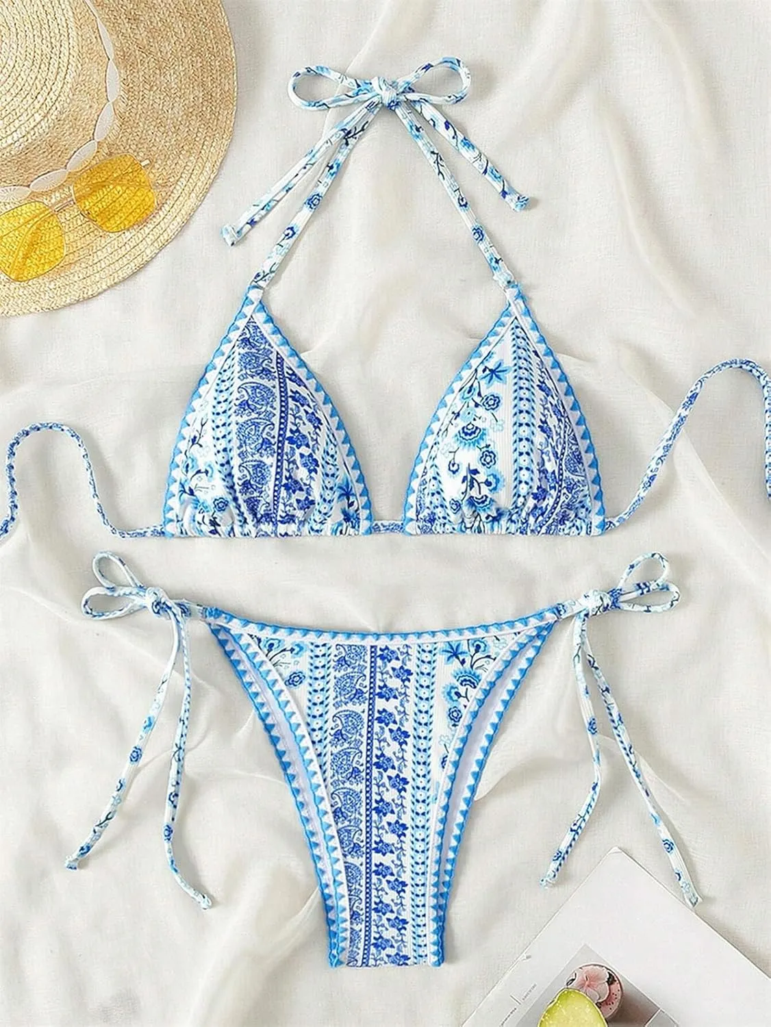 Women's Halter Bikini Sets Polka Dot Frilled Ruffles Triangle Tie Side Bikini Swimsuit Two Piece Bathing Suits