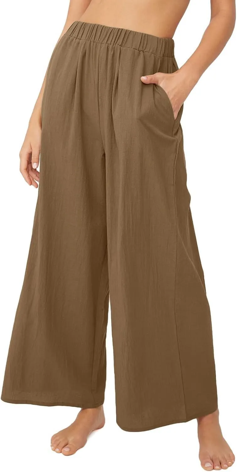Women's High Waist Casual Wide-Leg Linen Trousers Vacation Palazzo Beach Pant Summer Business Pants with Pockets