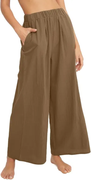 Women's High Waist Casual Wide-Leg Linen Trousers Vacation Palazzo Beach Pant Summer Business Pants with Pockets