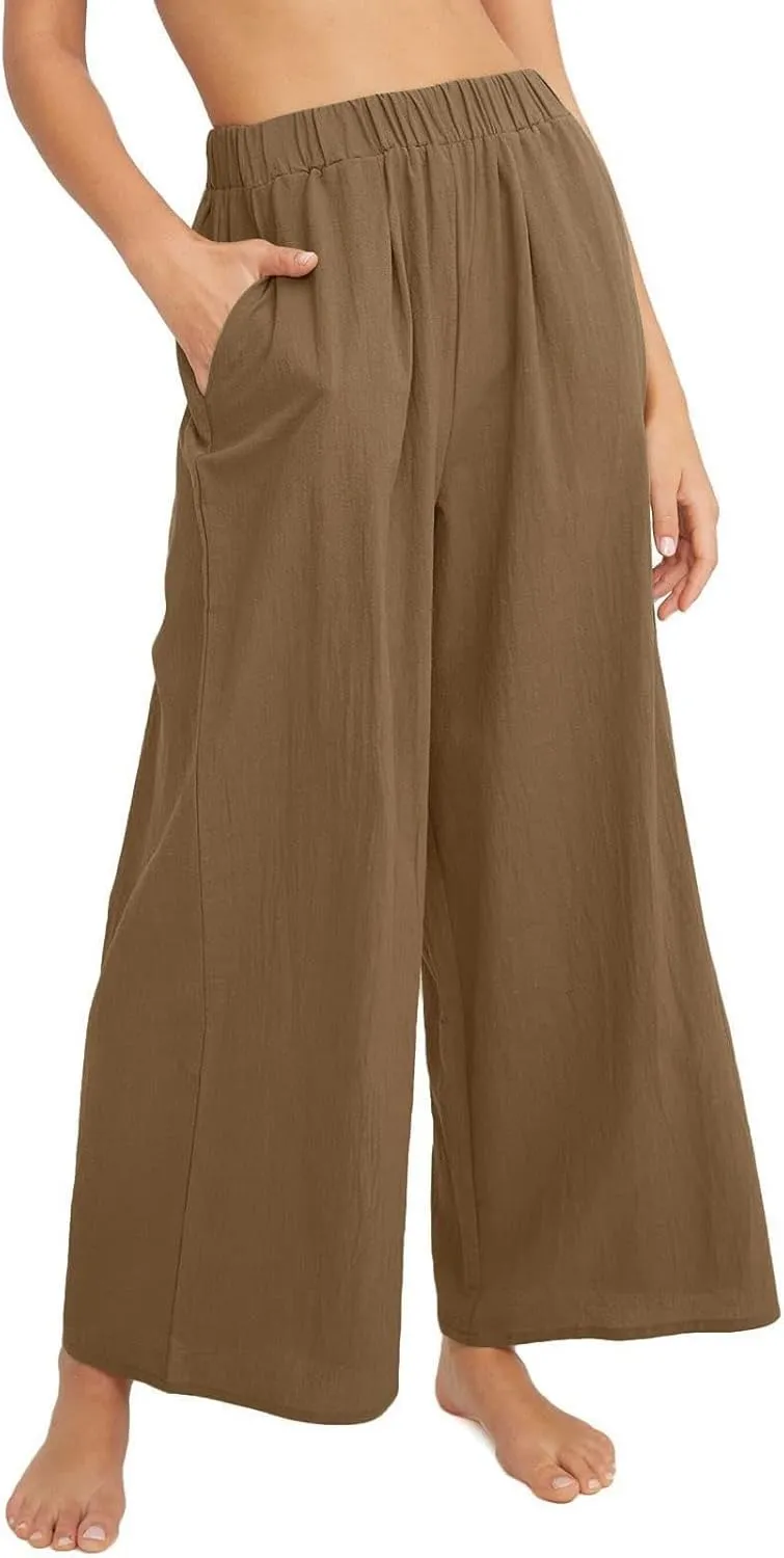 Women's High Waist Casual Wide-Leg Linen Trousers Vacation Palazzo Beach Pant Summer Business Pants with Pockets