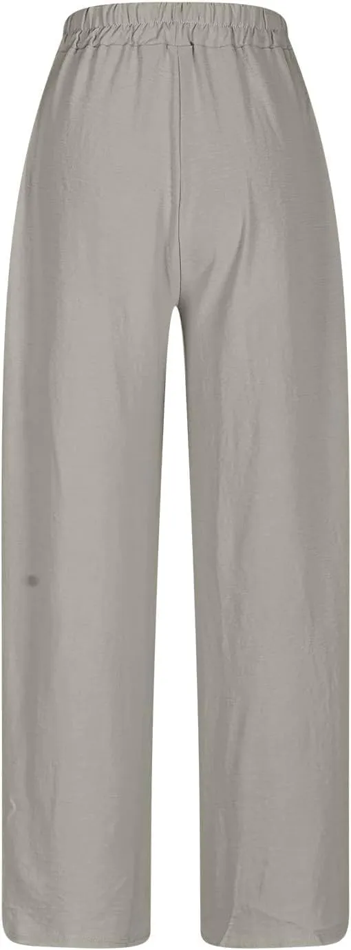 Women's High Waist Elastic Waist Lounge Pant Solid Color Cotton Linen Casual Pant Lightweight Thin Beach Trousers