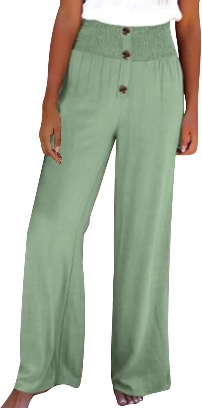 Women's High Waist Linen Palazzo Pant Cotton and Linen Wide-Leg Long Pants Elastic Casual Button Lounge Trouser