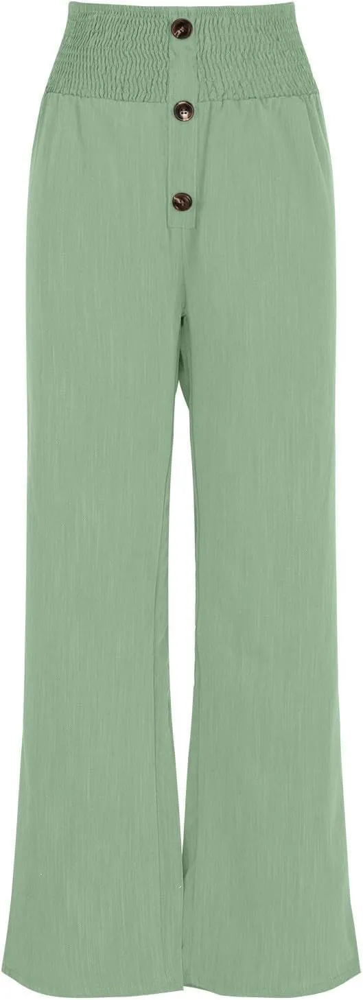 Women's High Waist Linen Palazzo Pant Cotton and Linen Wide-Leg Long Pants Elastic Casual Button Lounge Trouser
