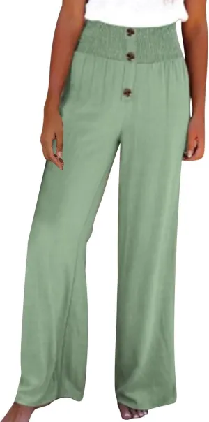 Women's High Waist Linen Palazzo Pant Cotton and Linen Wide-Leg Long Pants Elastic Casual Button Lounge Trouser