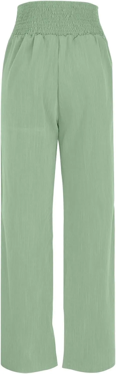 Women's High Waist Linen Palazzo Pant Cotton and Linen Wide-Leg Long Pants Elastic Casual Button Lounge Trouser